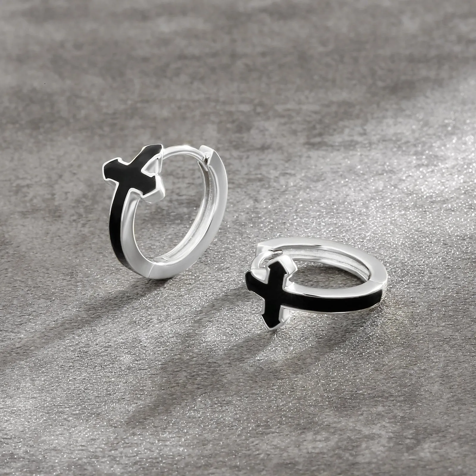 15mm Black Cross Hoop Earrings 925 Sterling Silver