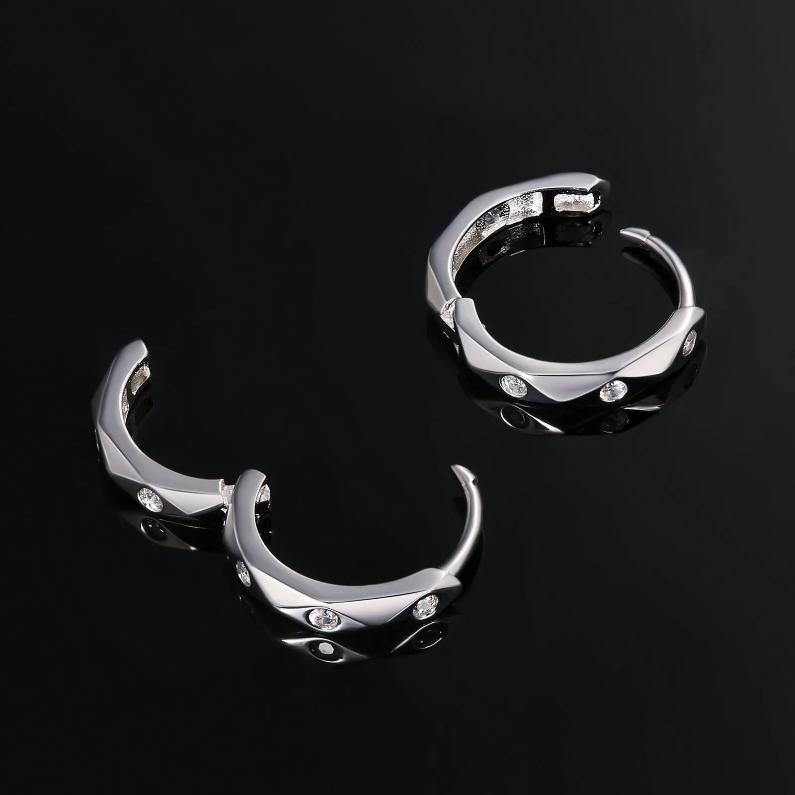 15mm Irregular Polygon Sterling Silver Diamond Round Hoop Mens Earrings