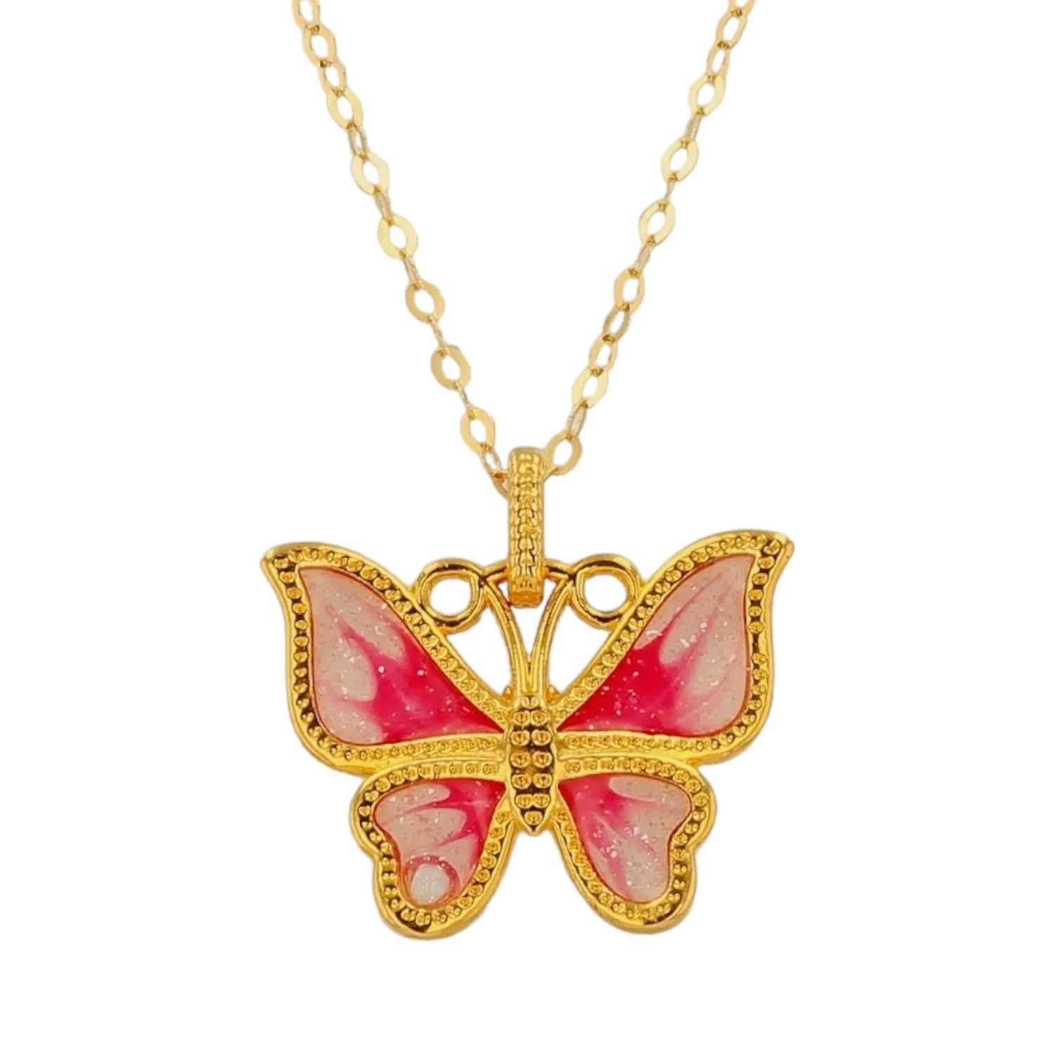 18K Yellow Gold Enamel Butterfly Necklace-628393