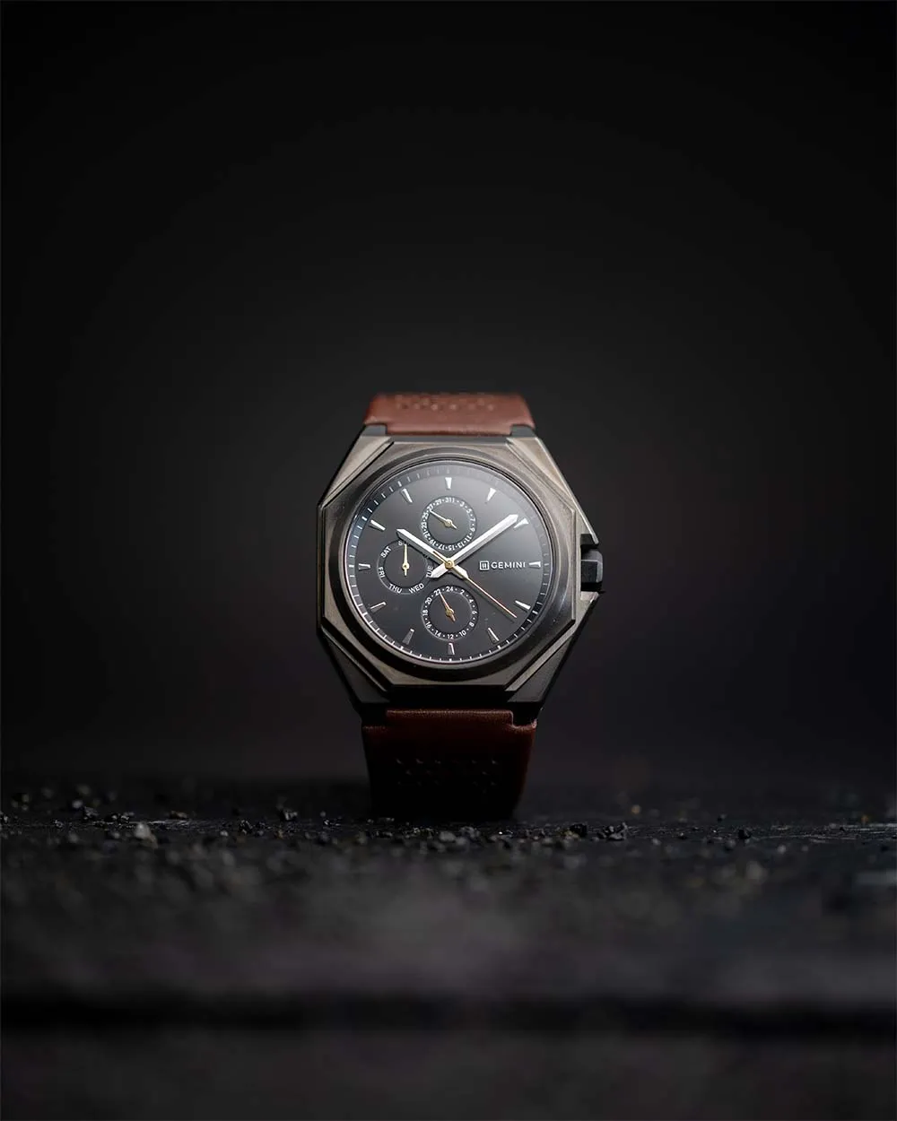 44mm dark grey steel watch with brown Italian leather strap