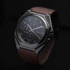 44mm dark grey steel watch with brown Italian leather strap