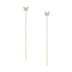 925 Silver Butterfly Long Drop Earrings CZ Diamond