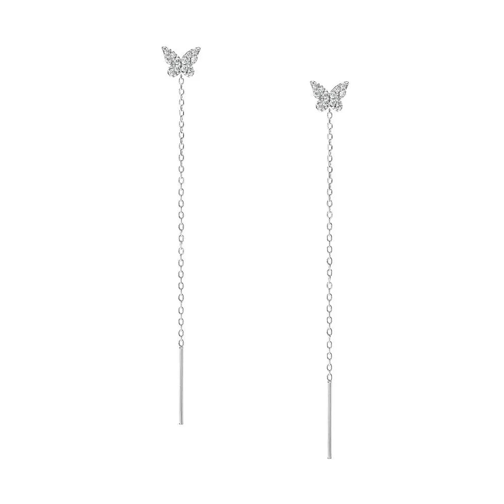 925 Silver Butterfly Long Drop Earrings CZ Diamond