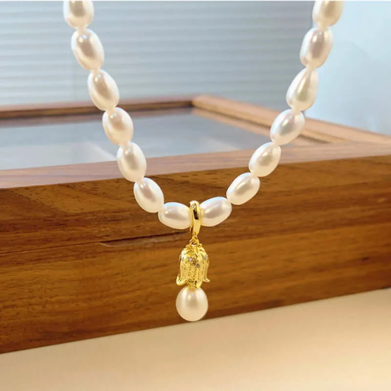 925 Sterling Silver Bell Real Pearl Necklace