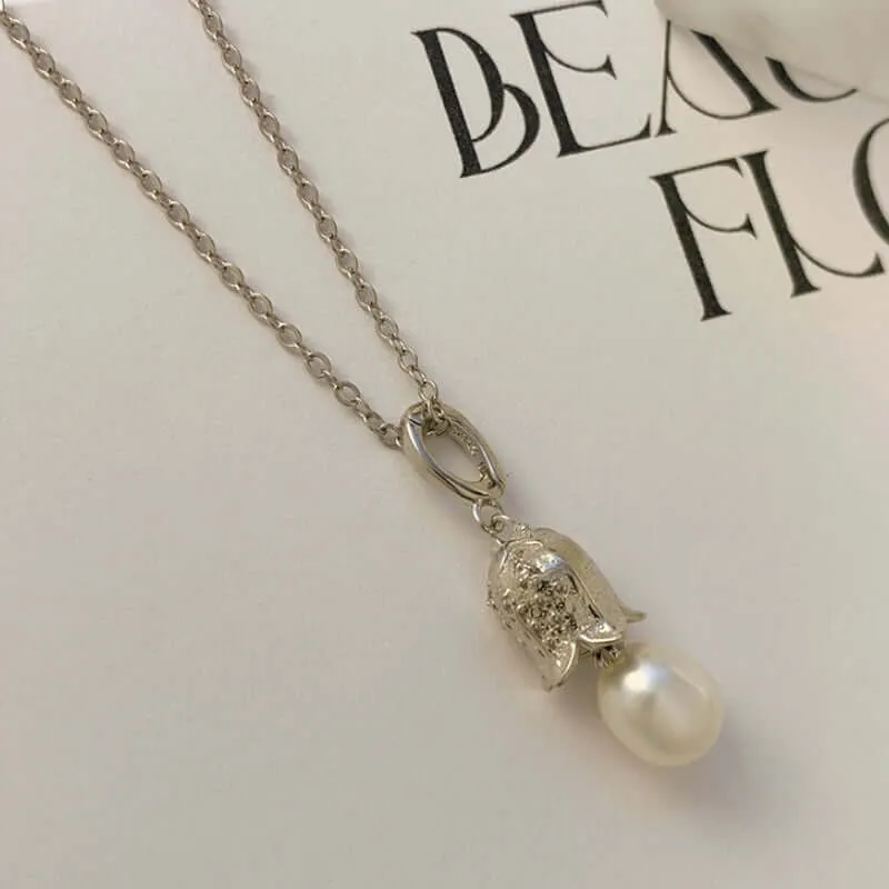 925 Sterling Silver Bell Real Pearl Necklace