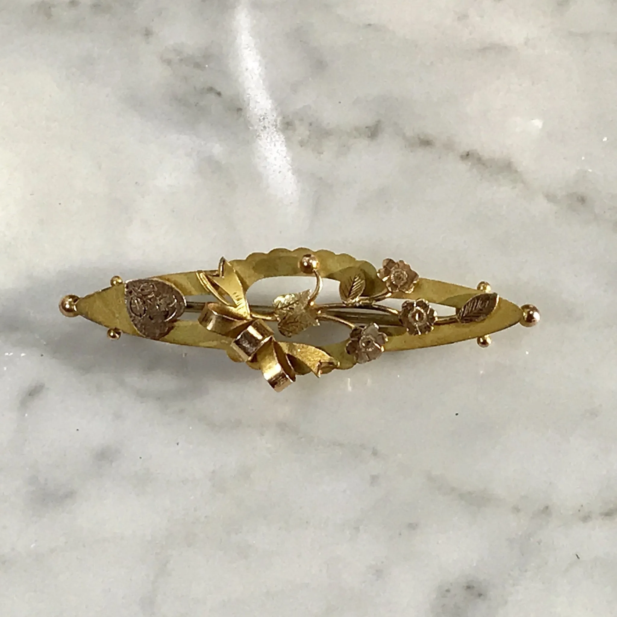 Antique Pendant or Brooch in 9k Yellow Gold with a Floral Bouquet and Bow. Repurposed Jewelry.