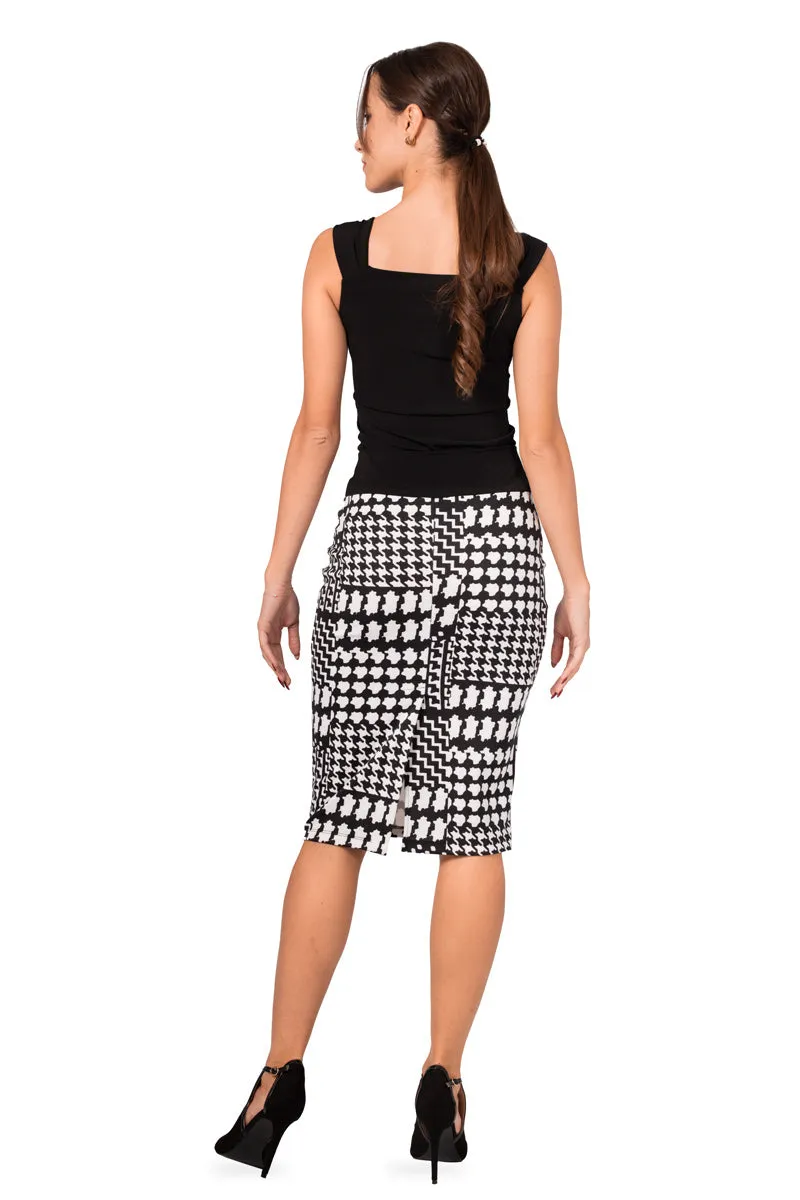 Black and White Allover Houndstooth Pattern Pencil Skirt