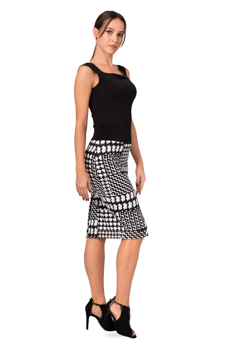 Black and White Allover Houndstooth Pattern Pencil Skirt