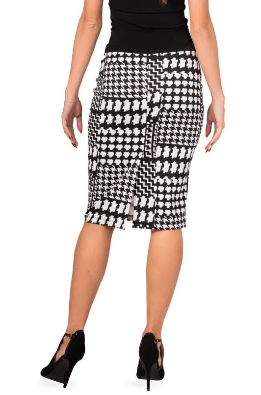 Black and White Allover Houndstooth Pattern Pencil Skirt