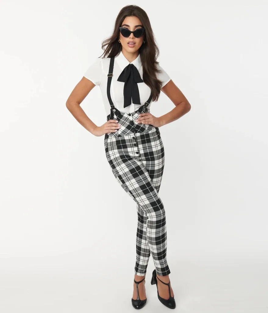 Black and White Plaid Moorehead Skinny Suspender Pants