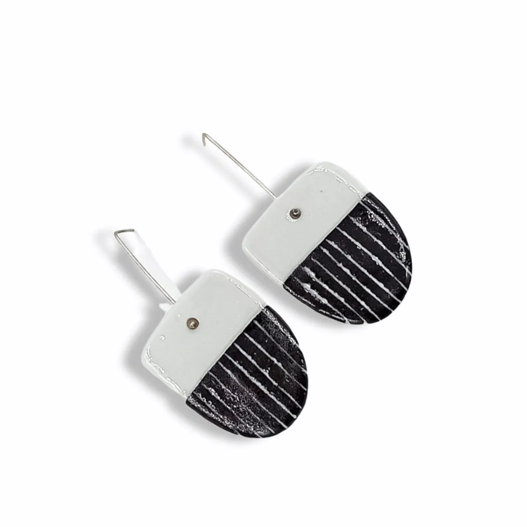 Black and White Porcelain Long Earrings "Stripes"