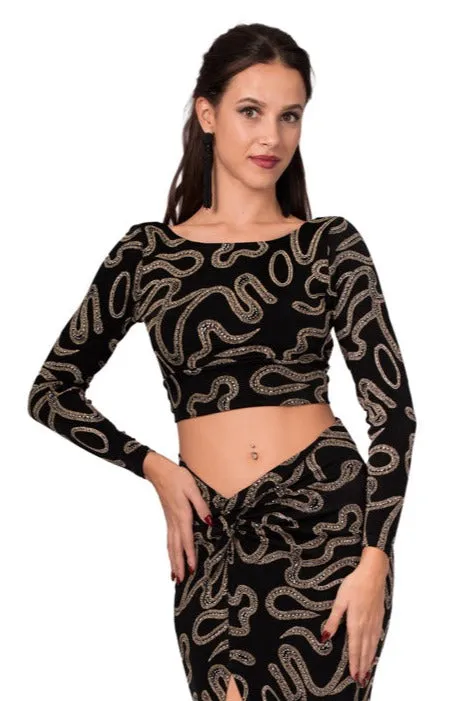 Black Long Sleeve Twisted Knot V-neck Crop Top With Sparkling Gold Details