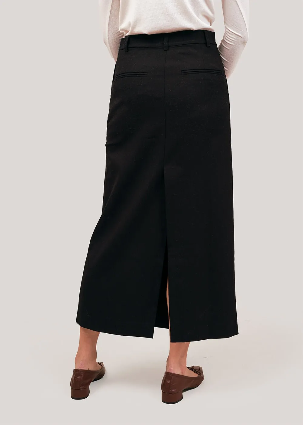 Black Wool Blend Midi Skirt