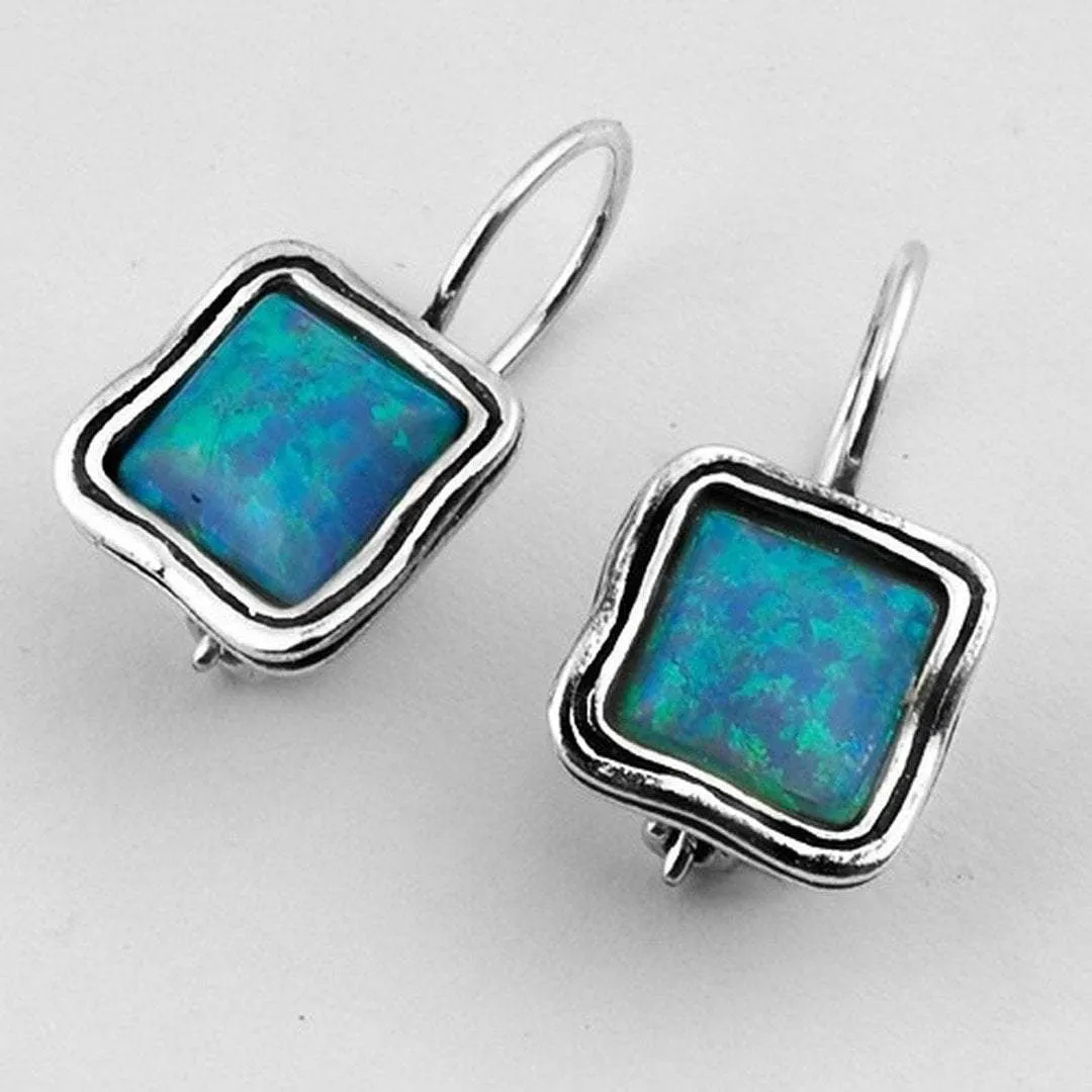 Blue Opal Earrings. Sterling Silver Earrings, Israeli typical silver jewelry set with Blue Opals