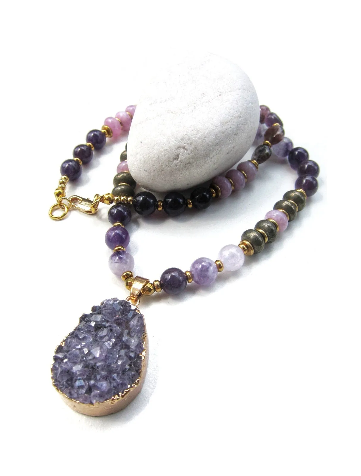 Bohemian Amethyst, Kunzite, Purple Phantom Quartz, Druzy Pendant Beaded Mala Necklace