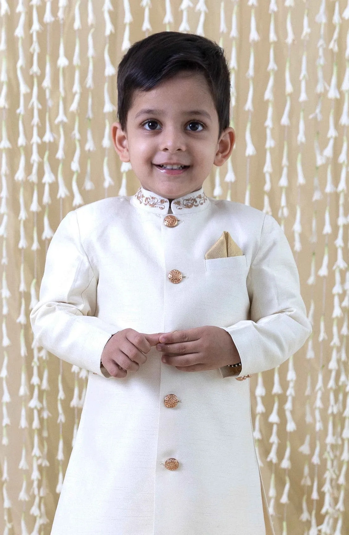 Boy Silk Sherwani-Cream