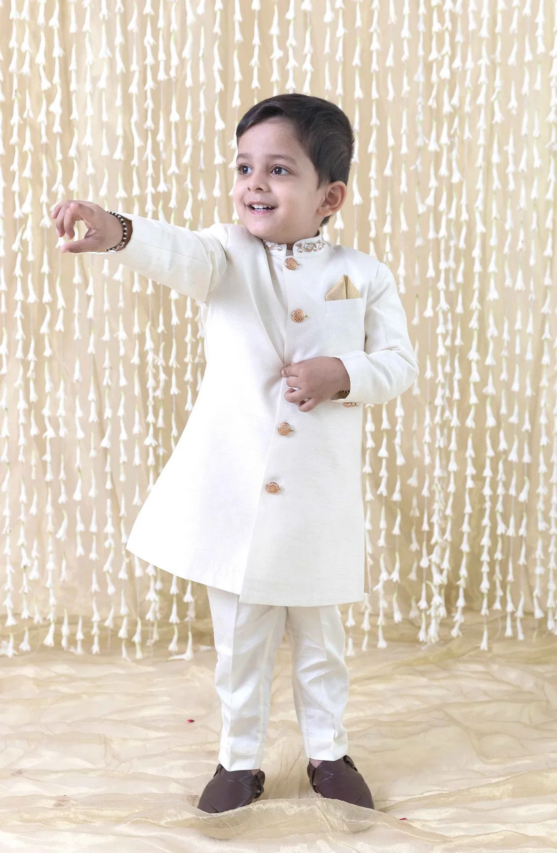 Boy Silk Sherwani-Cream