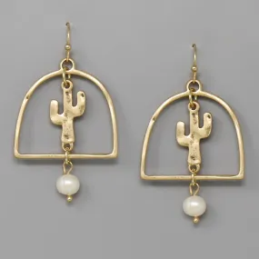 Cactus And Pearl Charm Hammered Metal Earrings