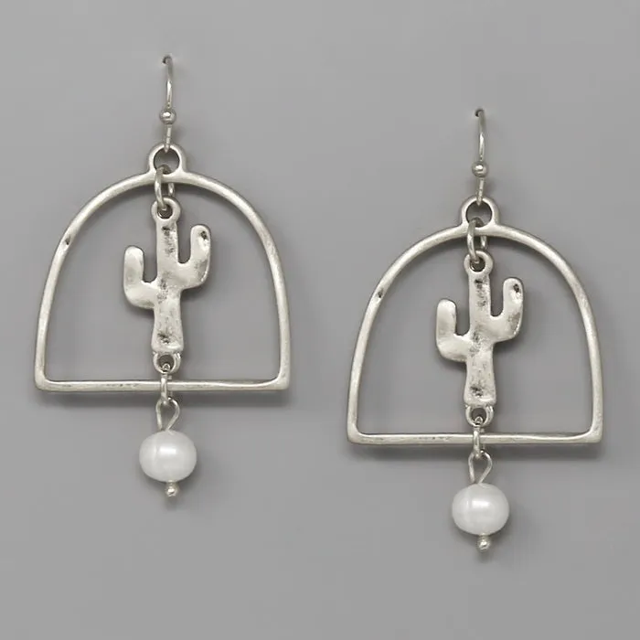 Cactus And Pearl Charm Hammered Metal Earrings