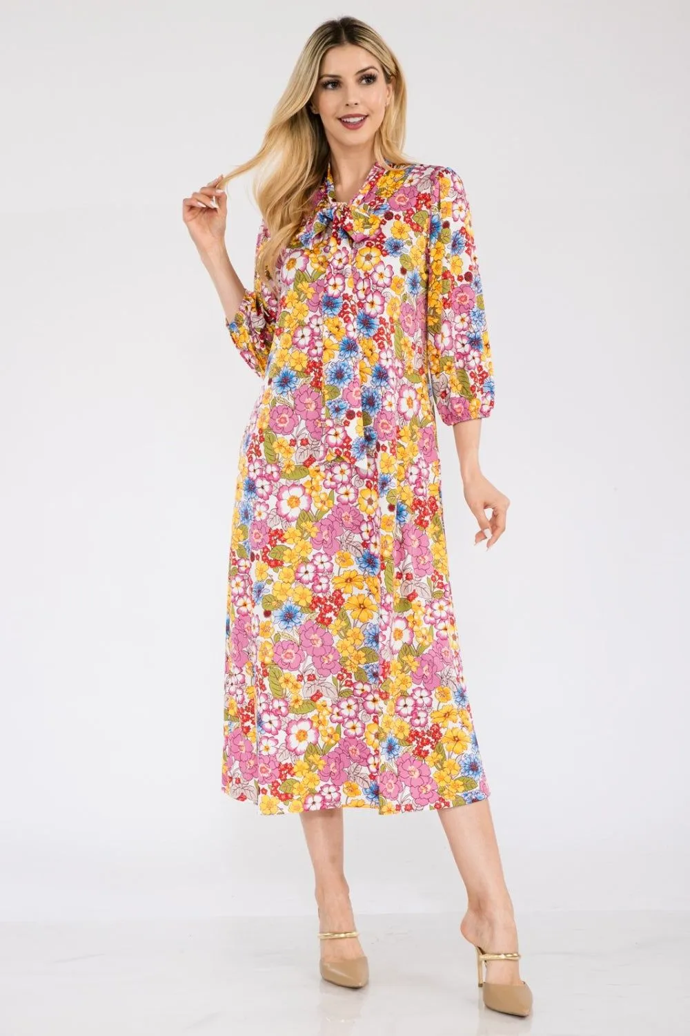 Celeste Full Size Floral Midi Dress with Bow Tied