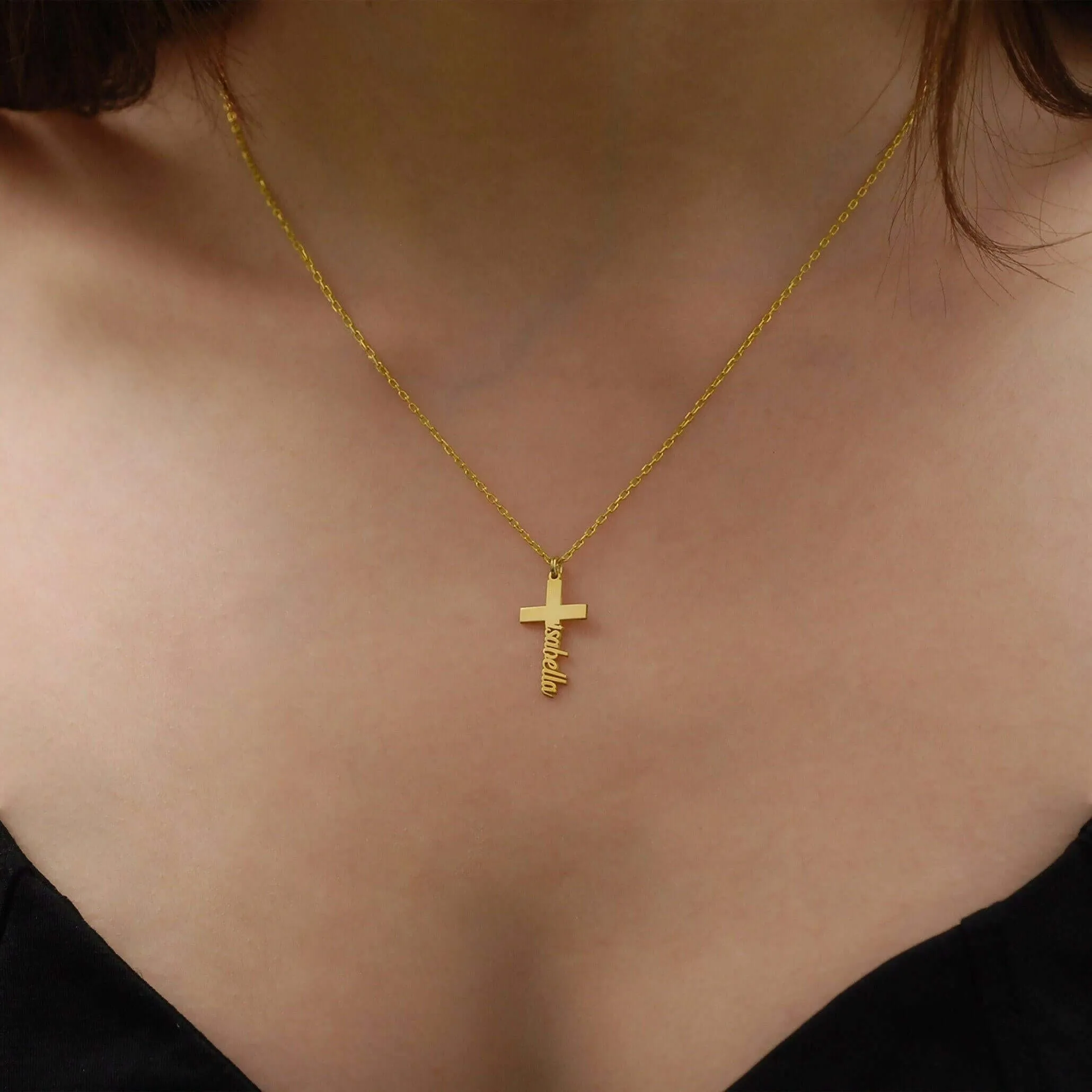 Cross Name Necklace | 14K Solid Gold