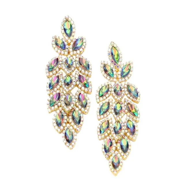 Crystal Stone Leaf Cluster Marquise Evening Earrings