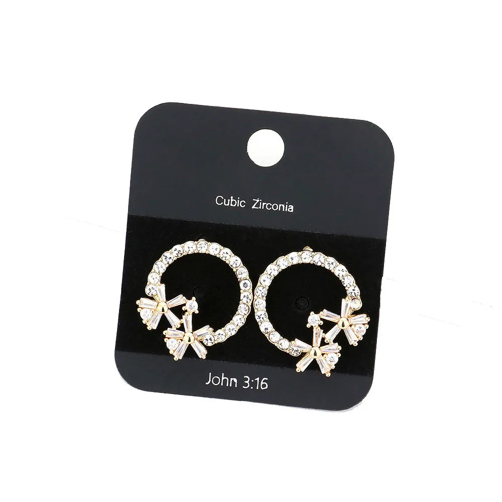 CZ Stone Pave Open Circle Flower Embellished Stud Earrings