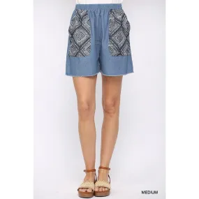 Denim And Print Pockets Elastic Waist Shorts With Raw Hem