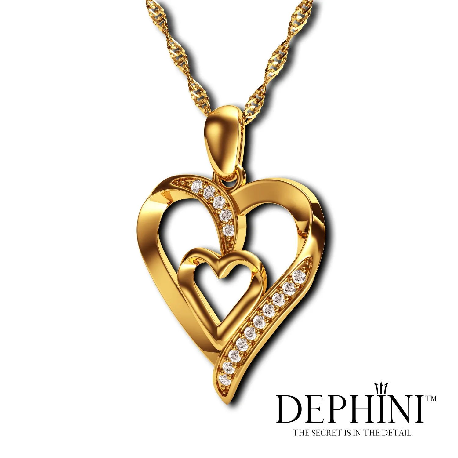 DEPHINI Gold Heart Necklace 18ct Yellow Gold Heart Pendant CZ Crystals