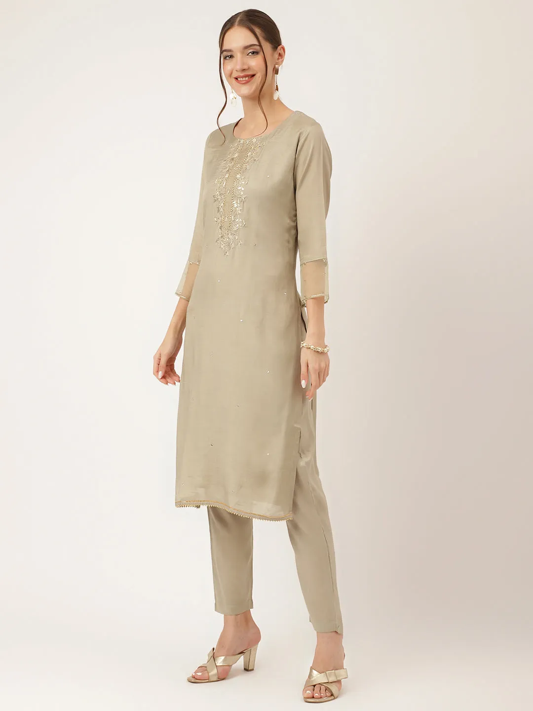 Divena Green Embroidered Chanderi  Kurta, Trouser and Dupatta