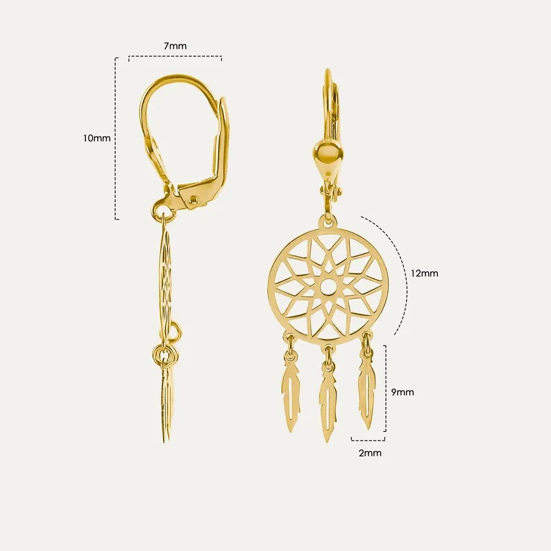 Dreamcatcher Dangle Earrings | 14K Solid Gold