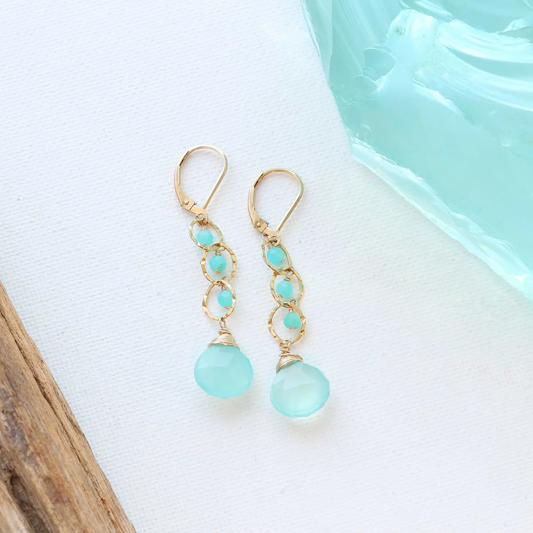 Driftwood - Aqua Chalcedony and Amazonite Gold Drop Earrings