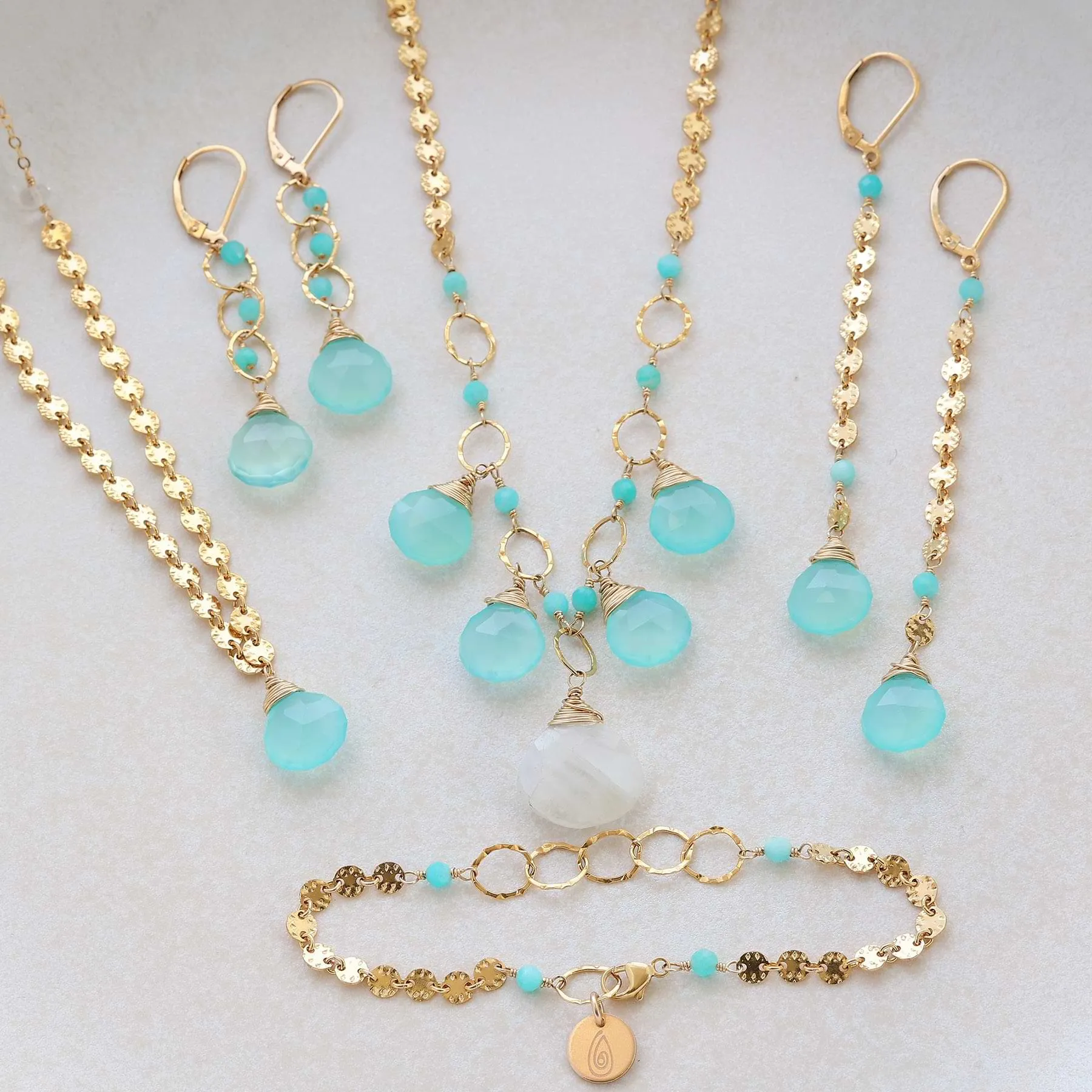 Driftwood - Aqua Chalcedony and Amazonite Gold Drop Earrings