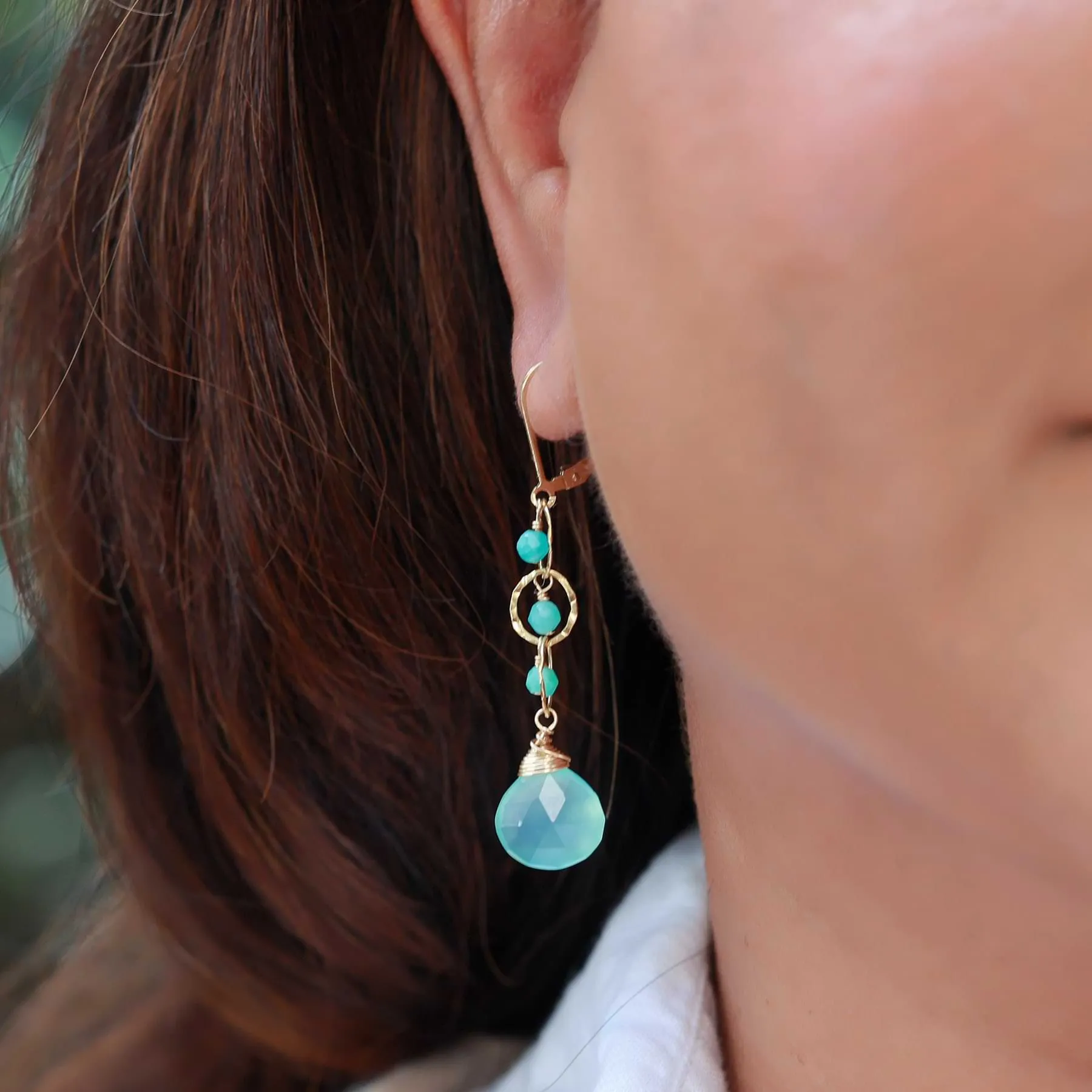 Driftwood - Aqua Chalcedony and Amazonite Gold Drop Earrings