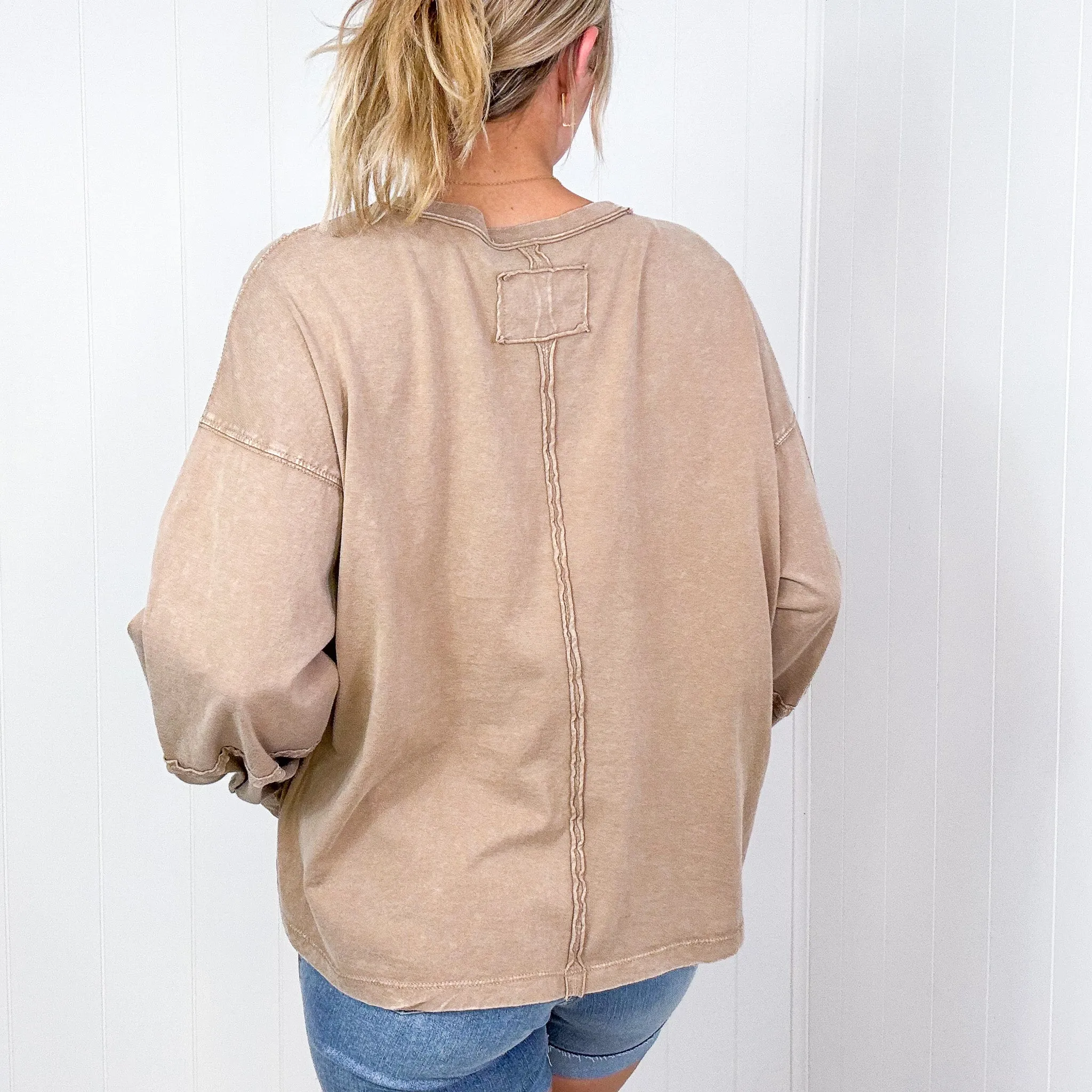 Easel Mineral Washed Pleated Wrist Long Sleeve Top in 4 Colors