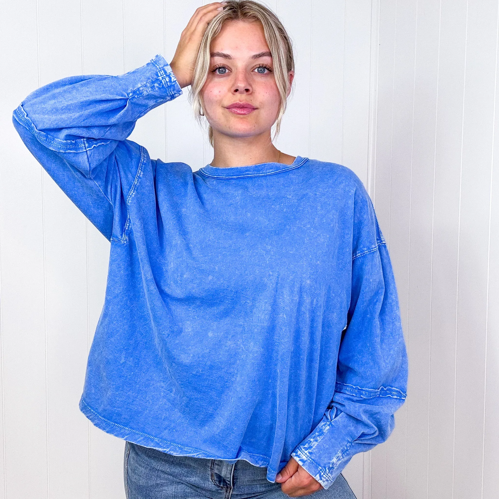 Easel Mineral Washed Pleated Wrist Long Sleeve Top in 4 Colors