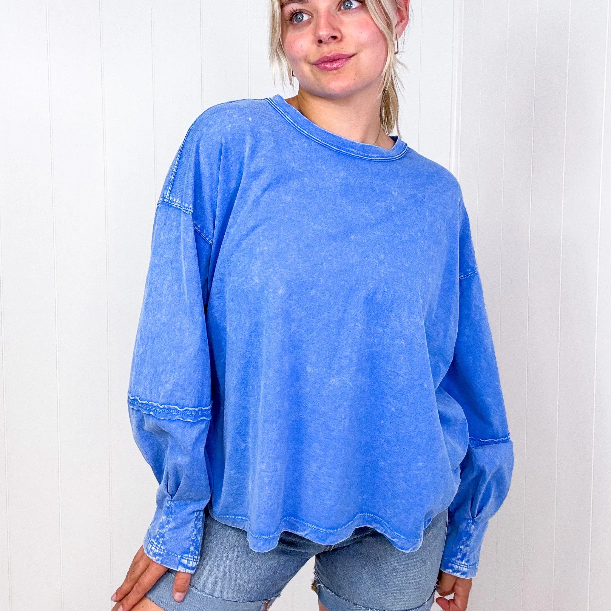 Easel Mineral Washed Pleated Wrist Long Sleeve Top in 4 Colors