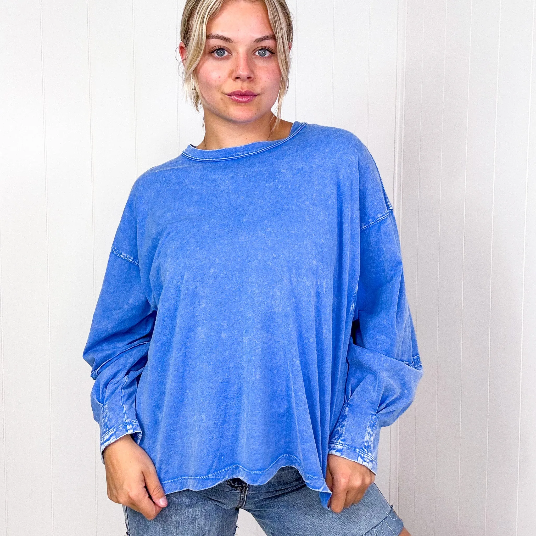 Easel Mineral Washed Pleated Wrist Long Sleeve Top in 4 Colors