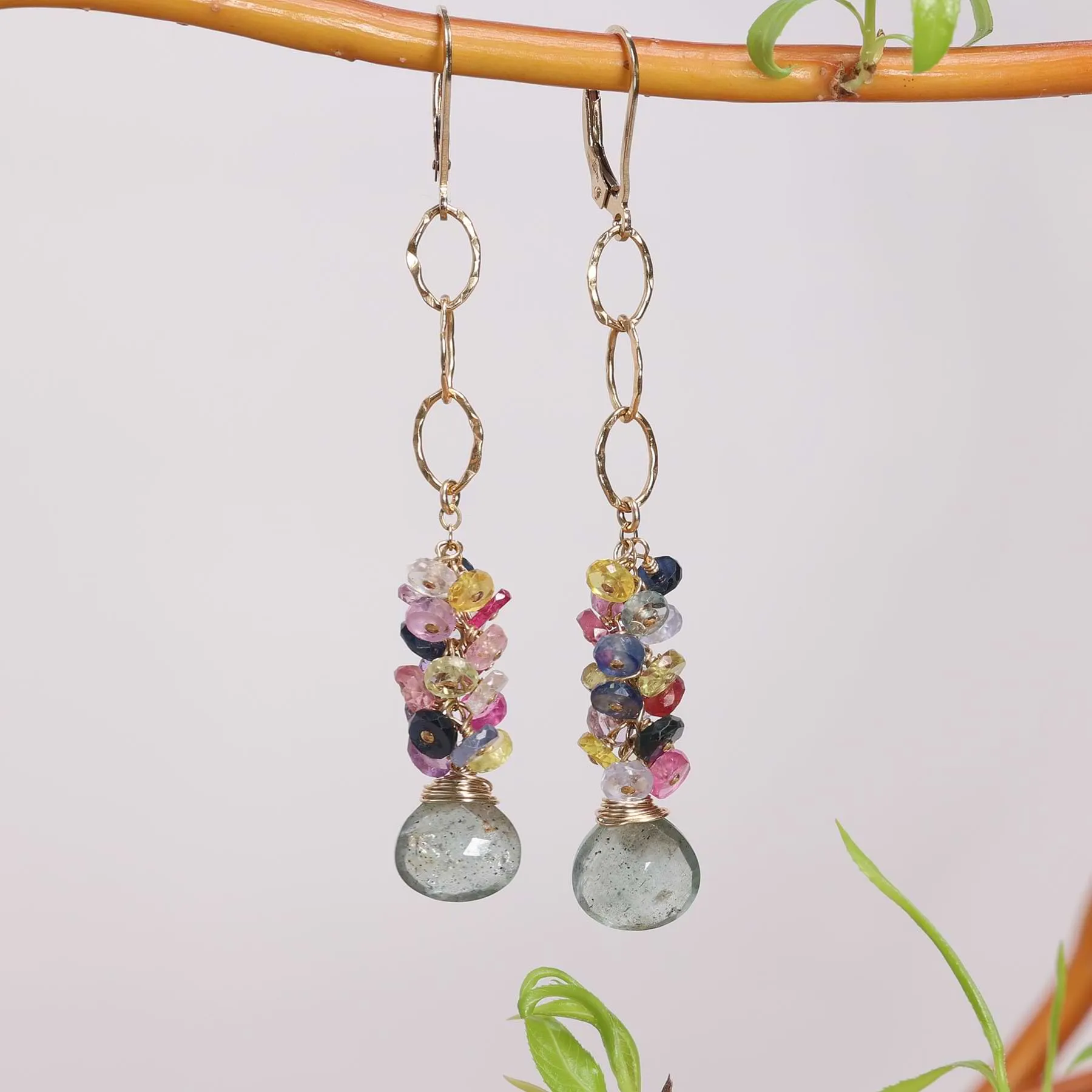 Flower Pot - Aquamarine and Multi Sapphire Gold Cluster Earrings