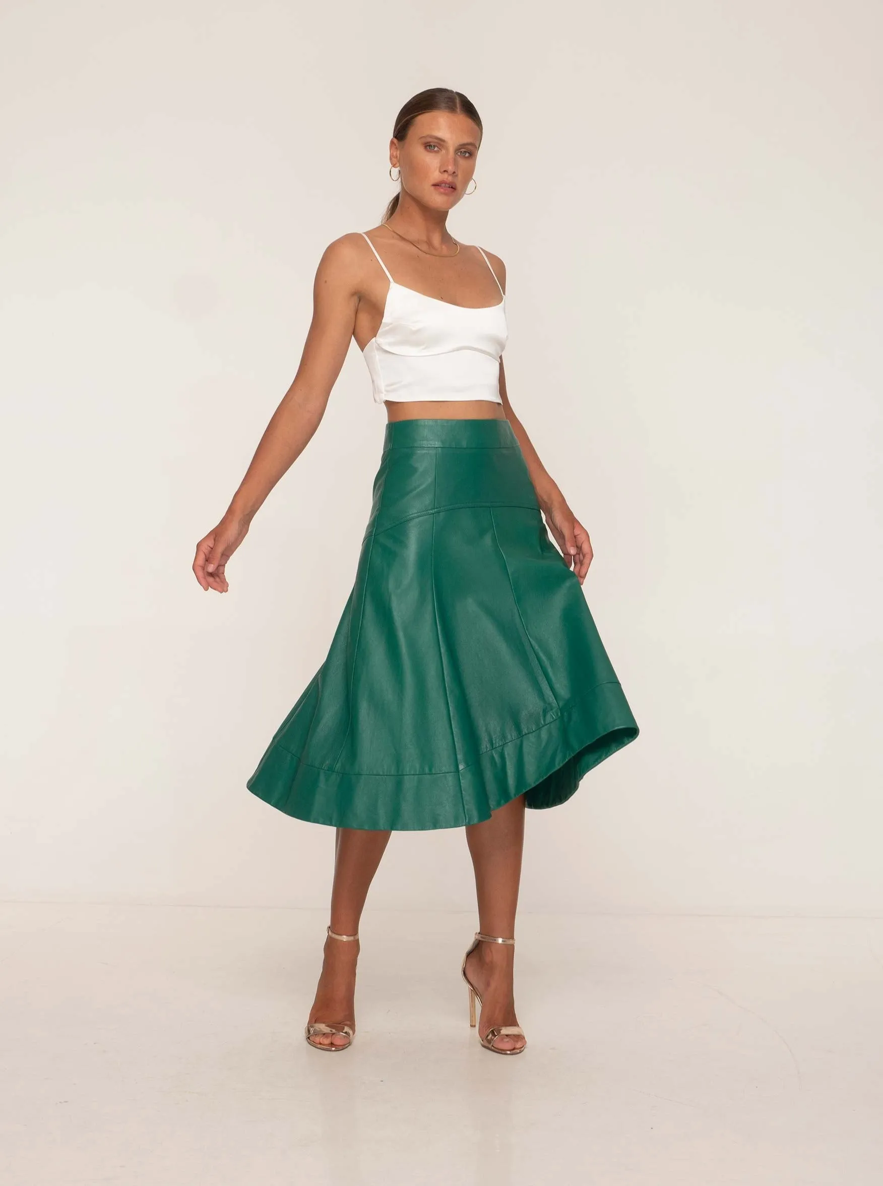 GISELLE LEATHER MIDI SKIRT - EMERALD