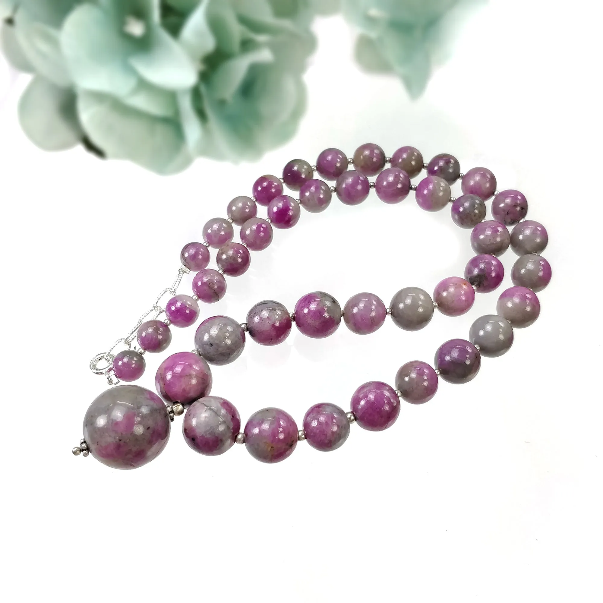 Global RUBY Gemstone NECKLACE: 334.15cts Natural Untreated Bi-Color Zoisite Ruby Balls With 925 Sterling Silver 7mm - 17mm 18"