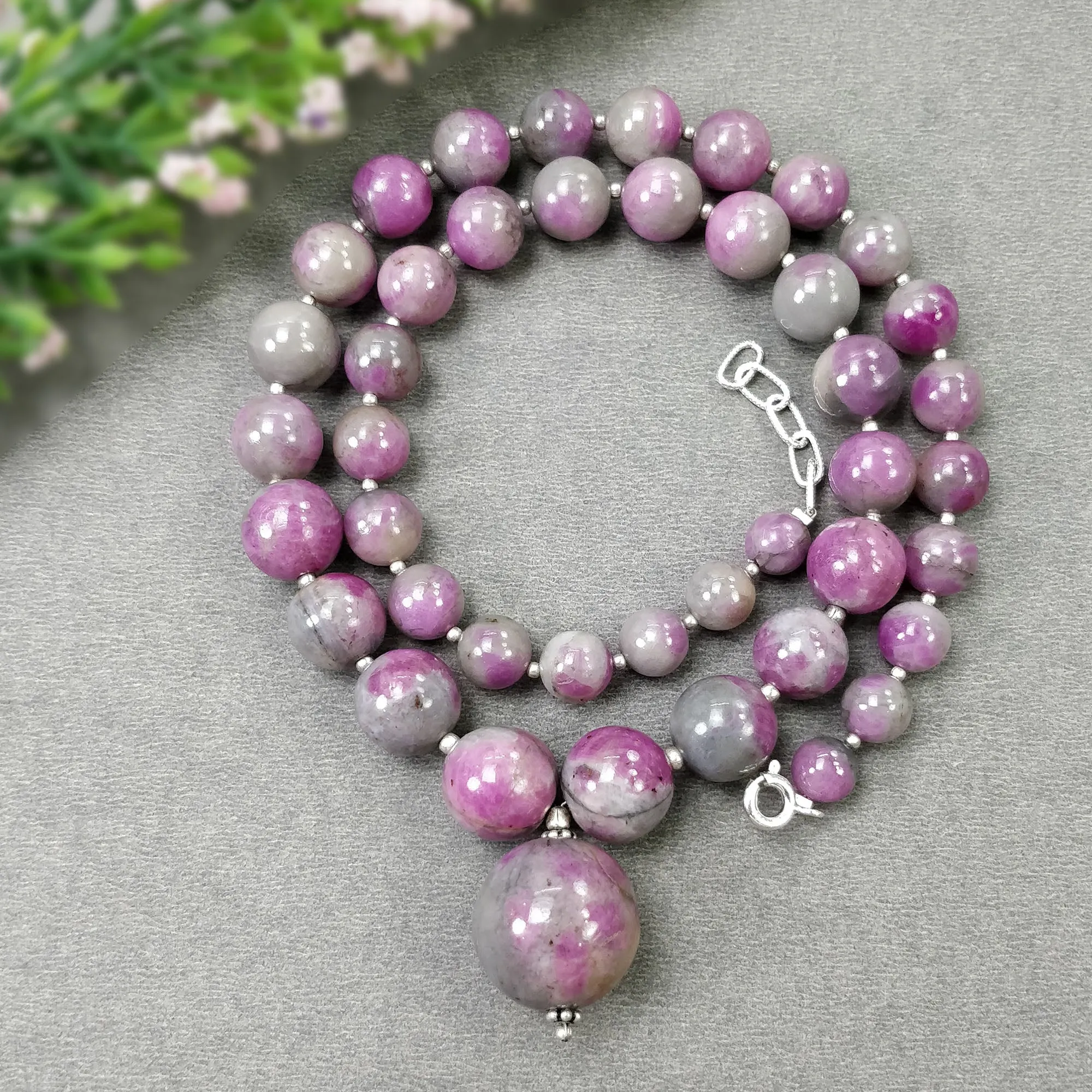 Global RUBY Gemstone NECKLACE: 334.15cts Natural Untreated Bi-Color Zoisite Ruby Balls With 925 Sterling Silver 7mm - 17mm 18"