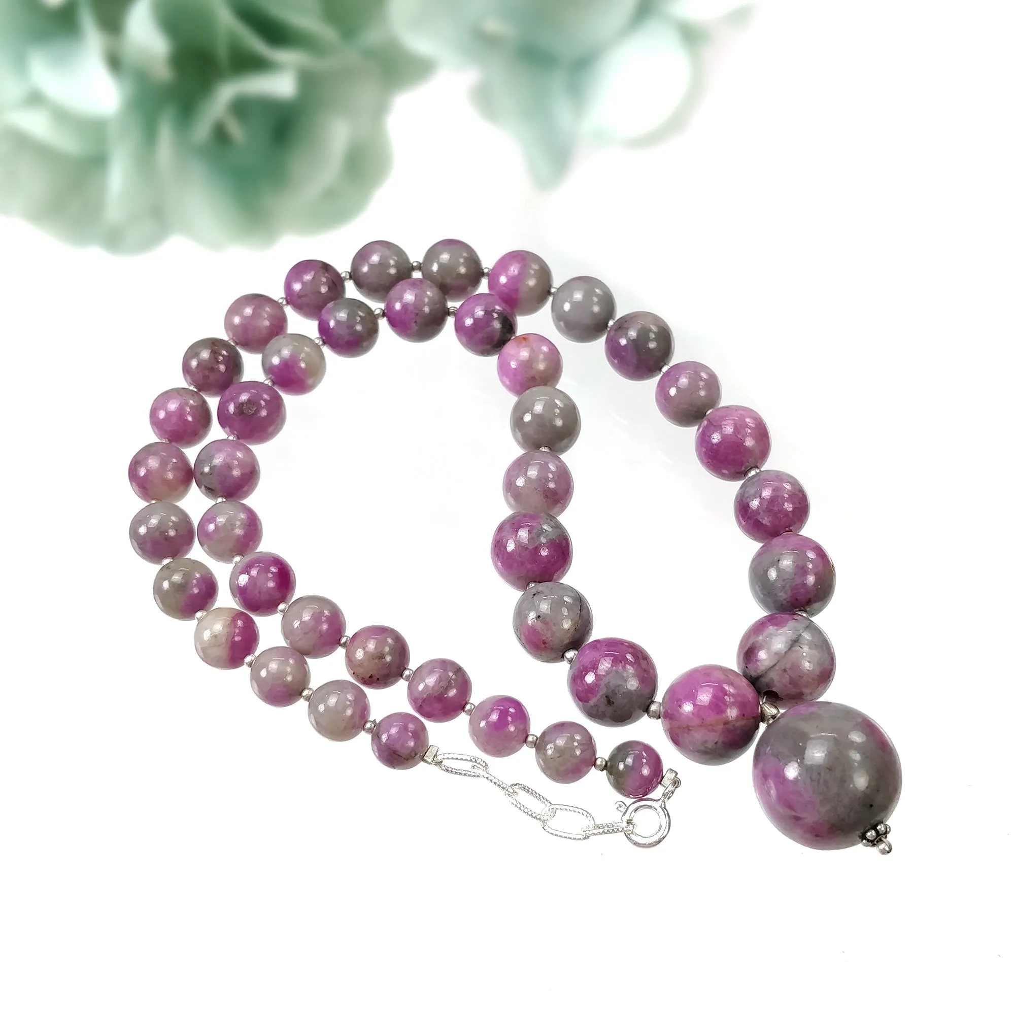 Global RUBY Gemstone NECKLACE: 334.15cts Natural Untreated Bi-Color Zoisite Ruby Balls With 925 Sterling Silver 7mm - 17mm 18"