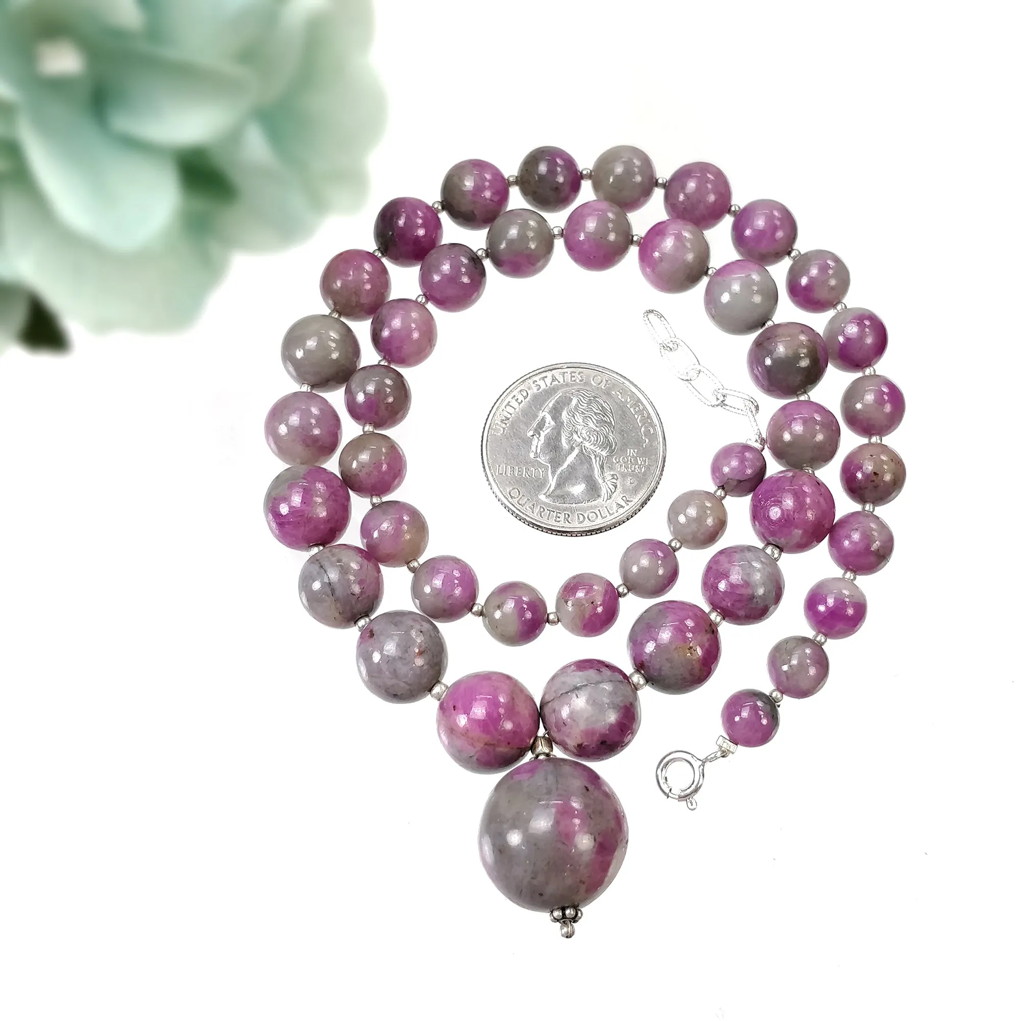 Global RUBY Gemstone NECKLACE: 334.15cts Natural Untreated Bi-Color Zoisite Ruby Balls With 925 Sterling Silver 7mm - 17mm 18"