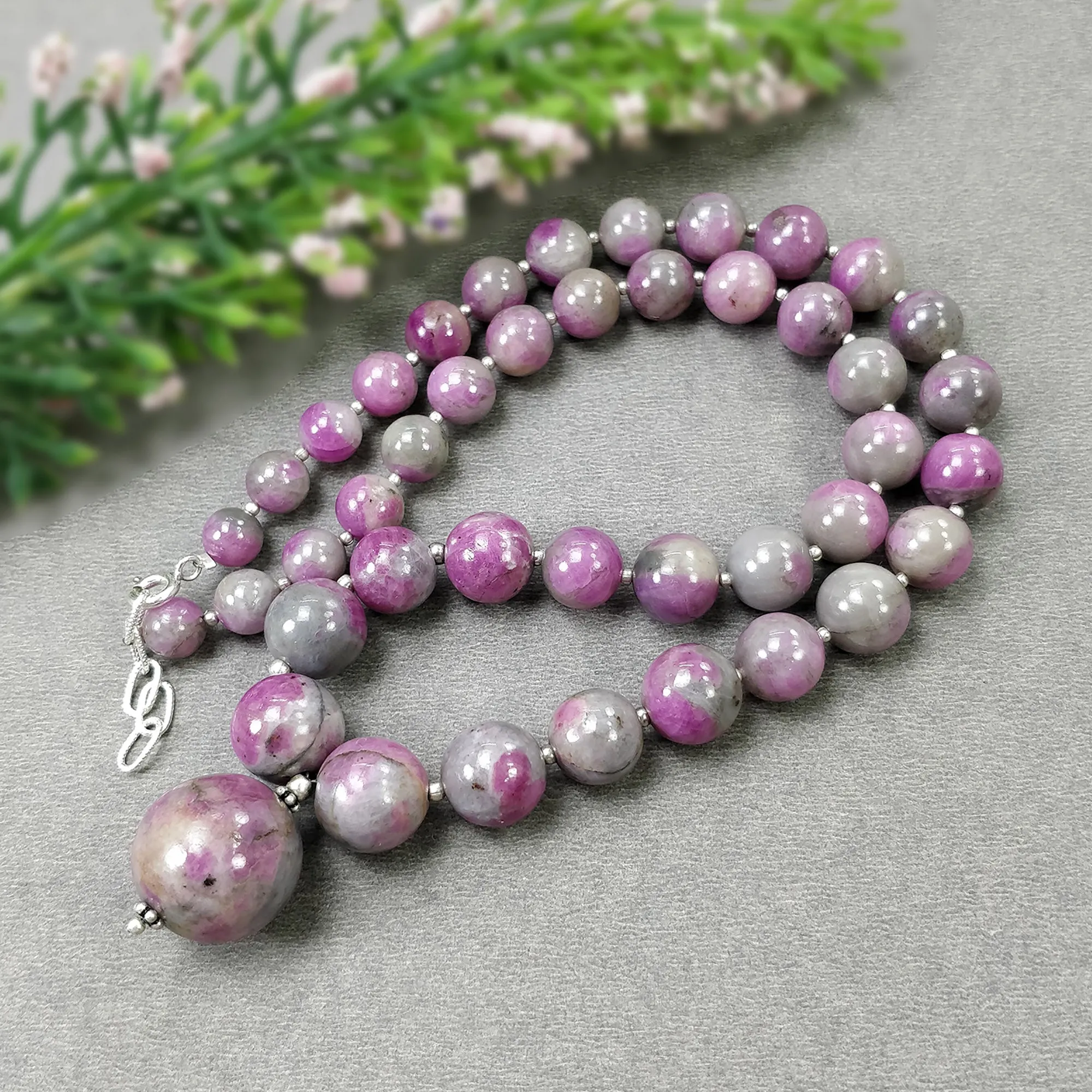 Global RUBY Gemstone NECKLACE: 334.15cts Natural Untreated Bi-Color Zoisite Ruby Balls With 925 Sterling Silver 7mm - 17mm 18"