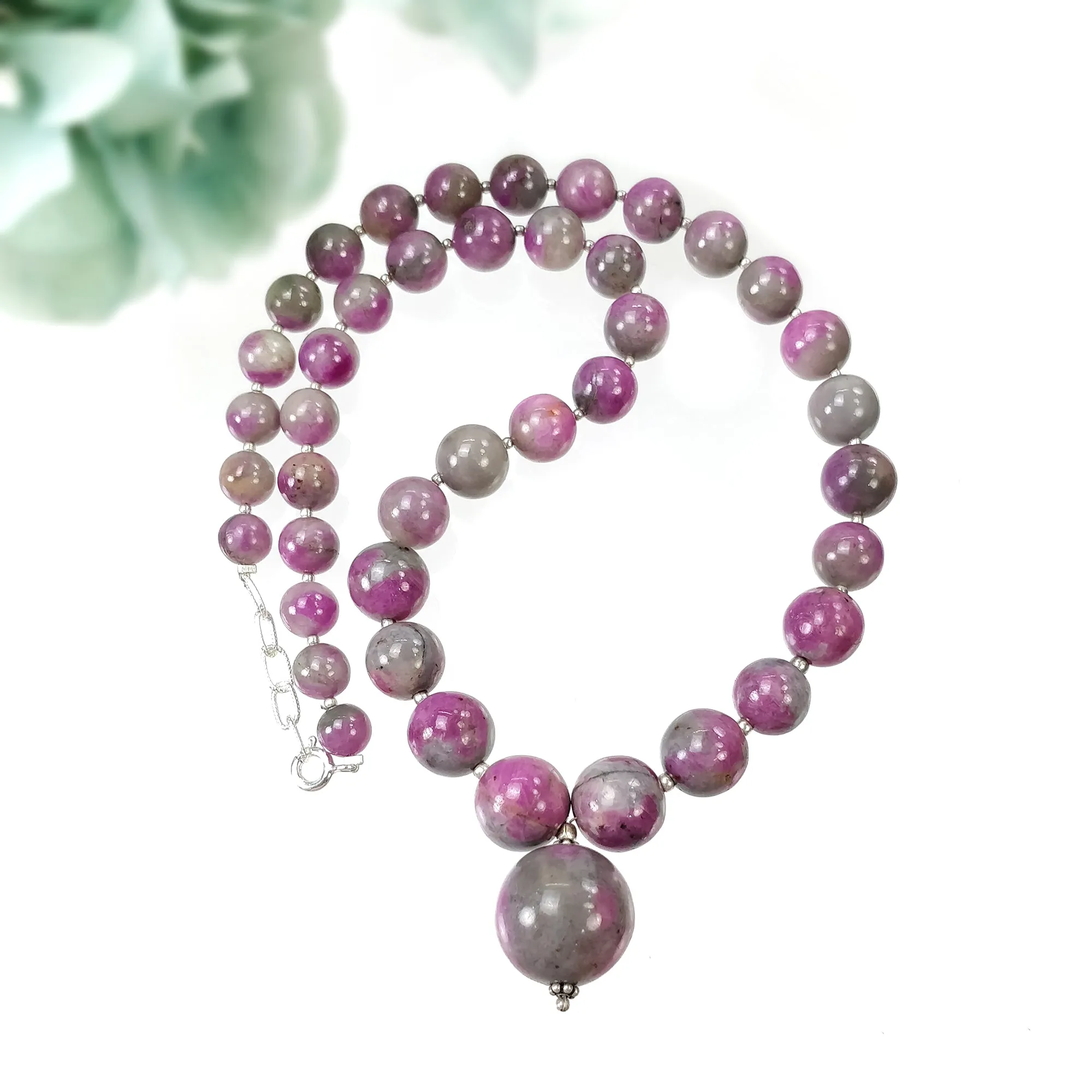 Global RUBY Gemstone NECKLACE: 334.15cts Natural Untreated Bi-Color Zoisite Ruby Balls With 925 Sterling Silver 7mm - 17mm 18"