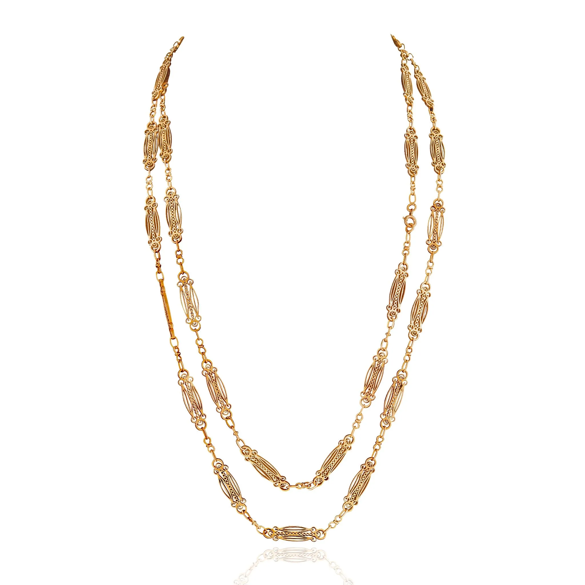 Gold Fancy Link Long Chain Necklace