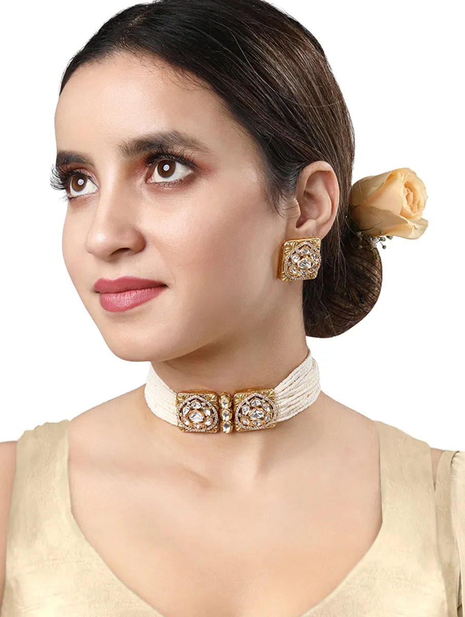 Gold Plated Kundan Necklace with Pearls