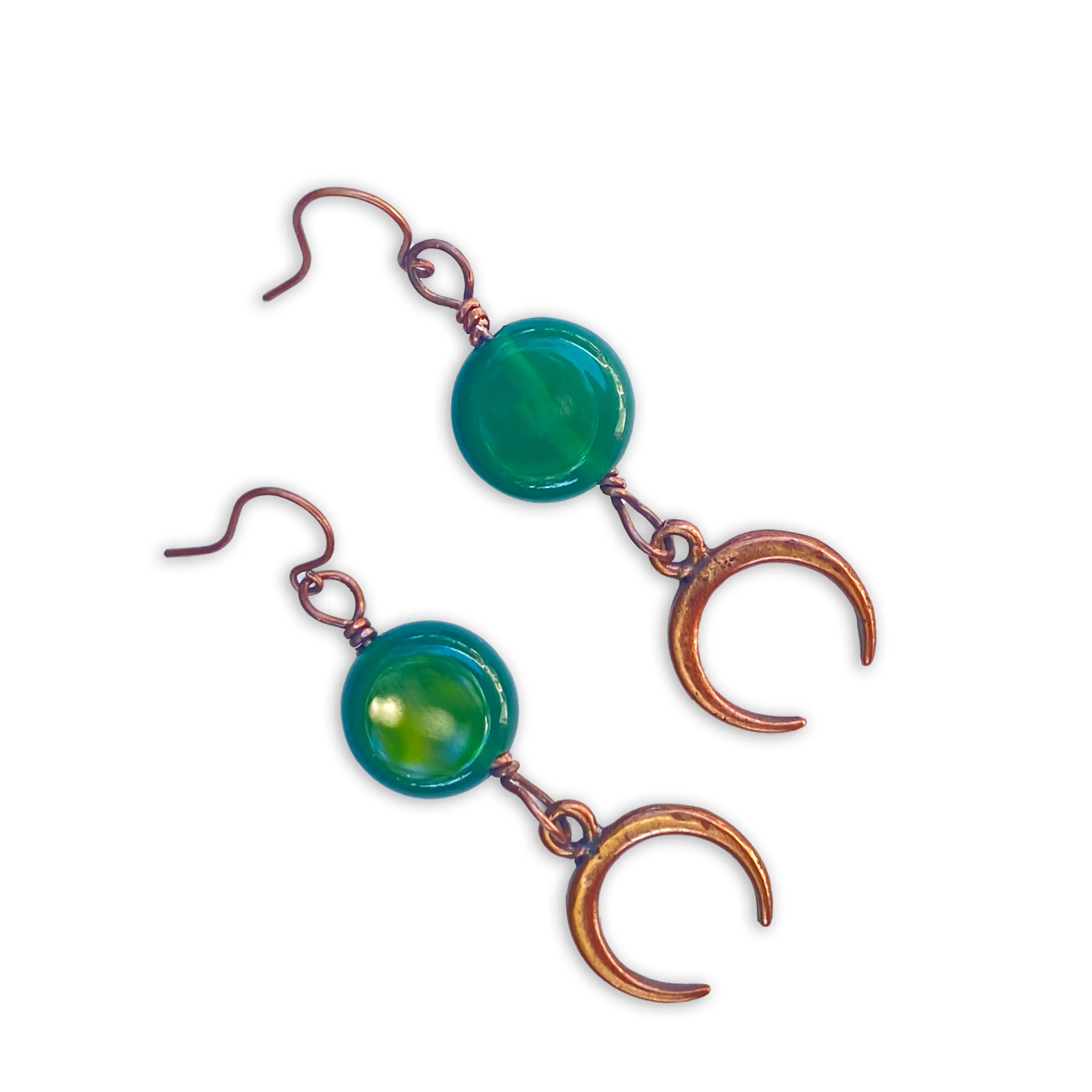 Green Onyx gemstone wrapped copper Moon dangle earrings