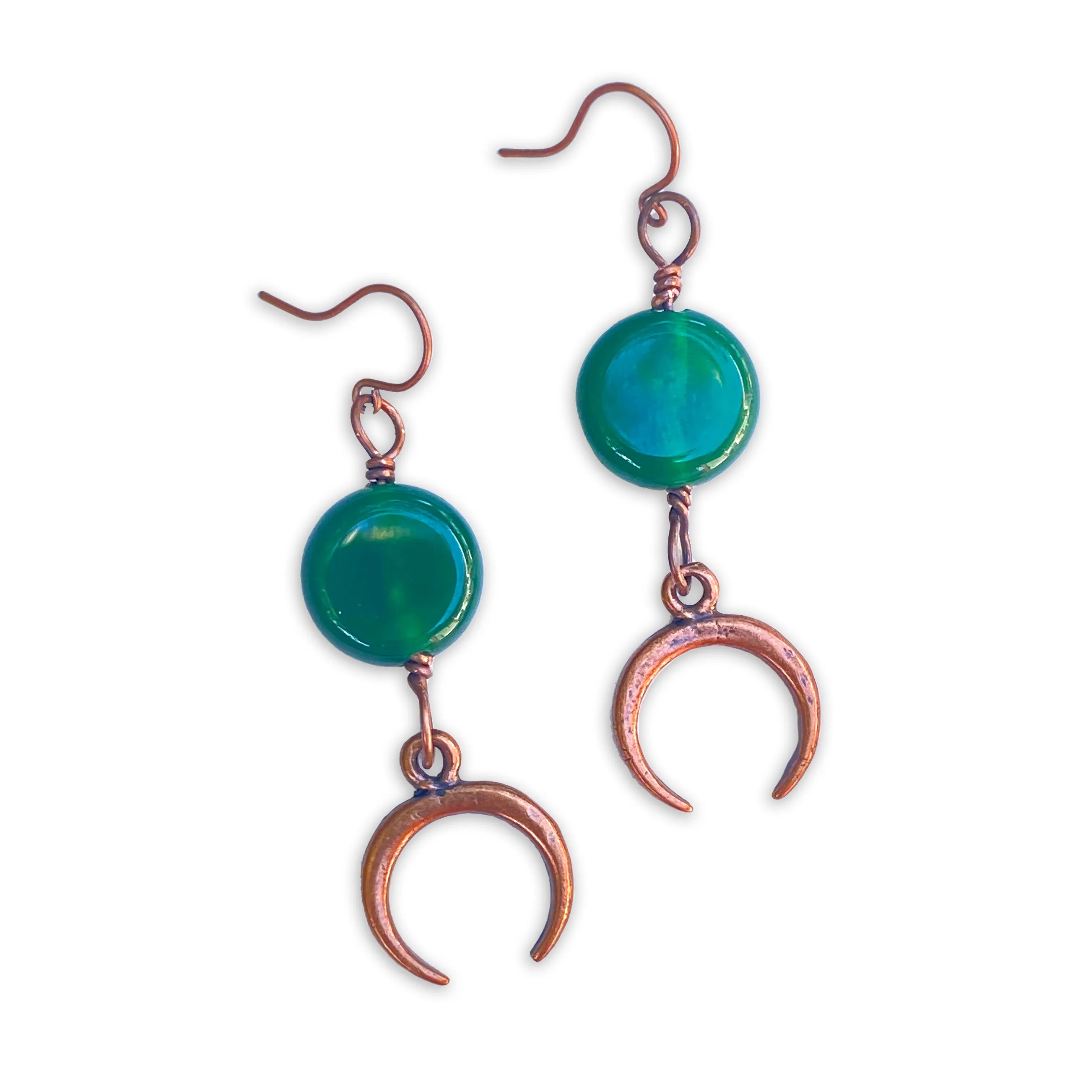 Green Onyx gemstone wrapped copper Moon dangle earrings